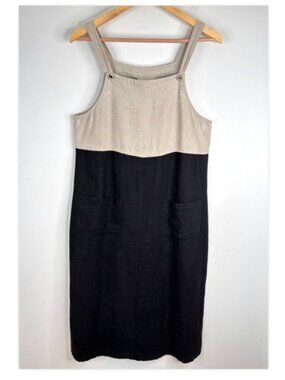 VTG 90s Studio Ease Black Tan Linen Dress S Jumper Pockets Lagenlook Minimalist